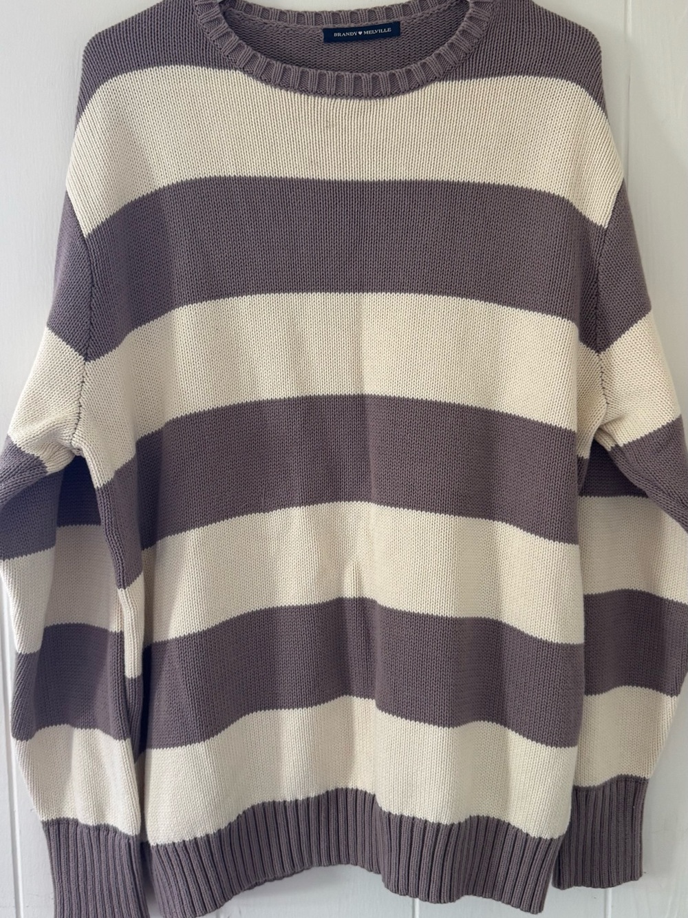 BRANDY MELVILLE Striped Crewneck Sweater - Cream & Taupe